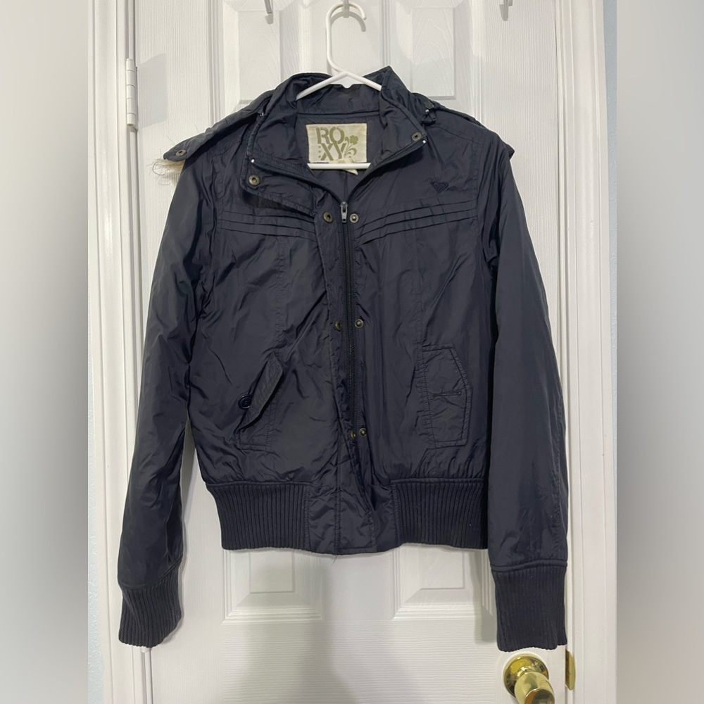 Roxy Women's Dark Navy Hooded Puffer Bomber Jacket